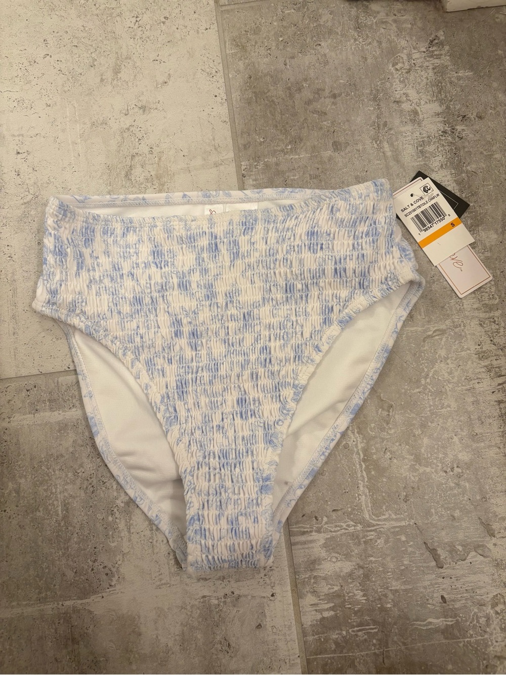 Salt + Cove Blue and White Smocked High-Waist Bikini Bottom